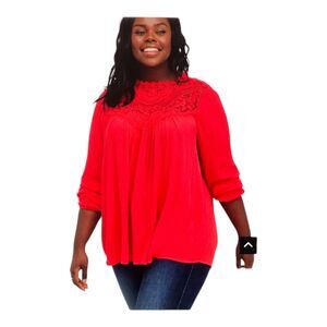 Torrid Top Womens Size 2X Hot Pink Crinkle Gauze Crochet Detail Long Sleeve